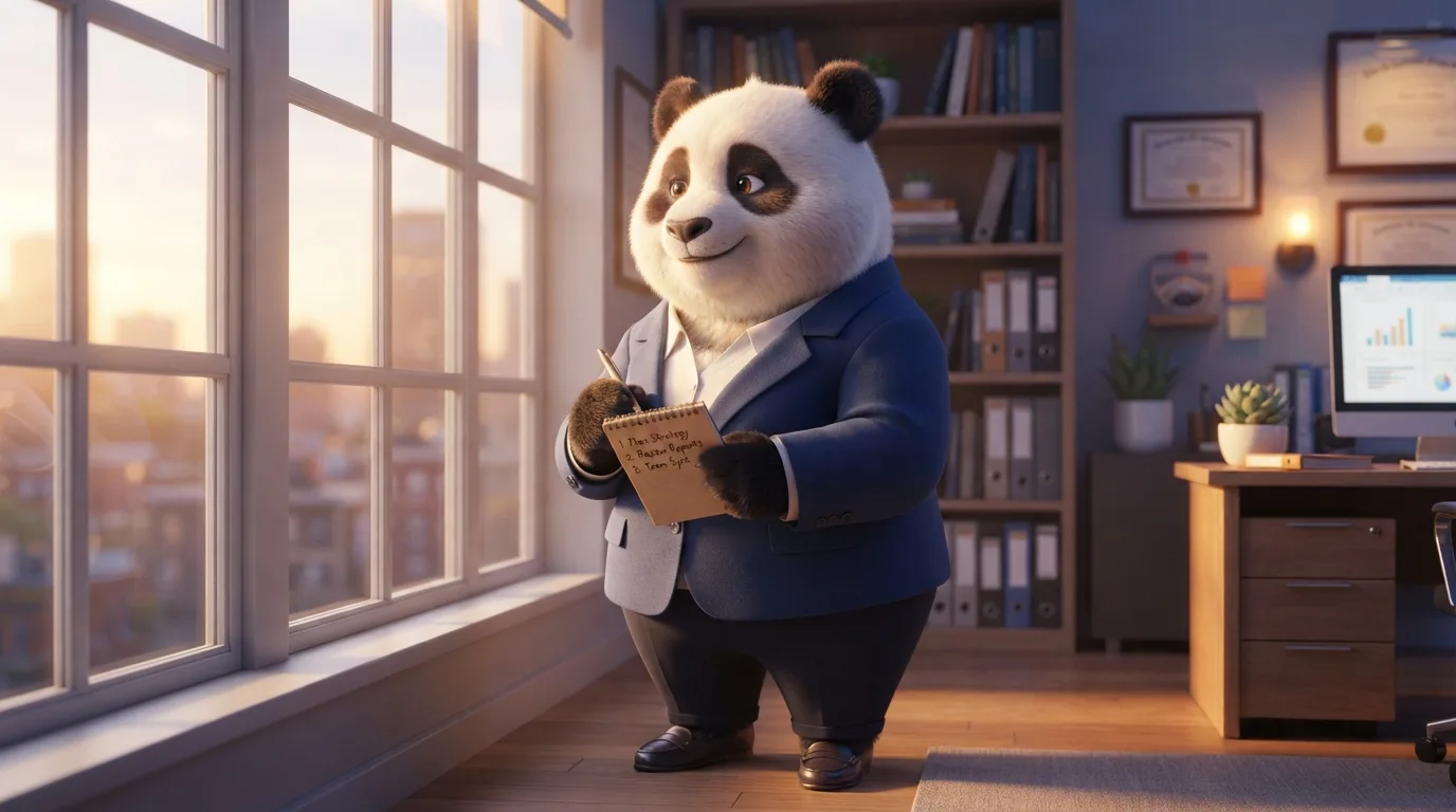 Panda ejecutiva sosteniendo una lista breve junto a una ventana con luz cálida entrando, representando la recuperación gradual de la depresión laboral.
