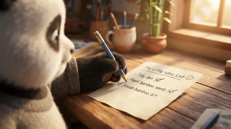 Pata de panda marcando una tarea pequeña en una lista, representando el avance gradual como estrategia contra la depresión laboral.