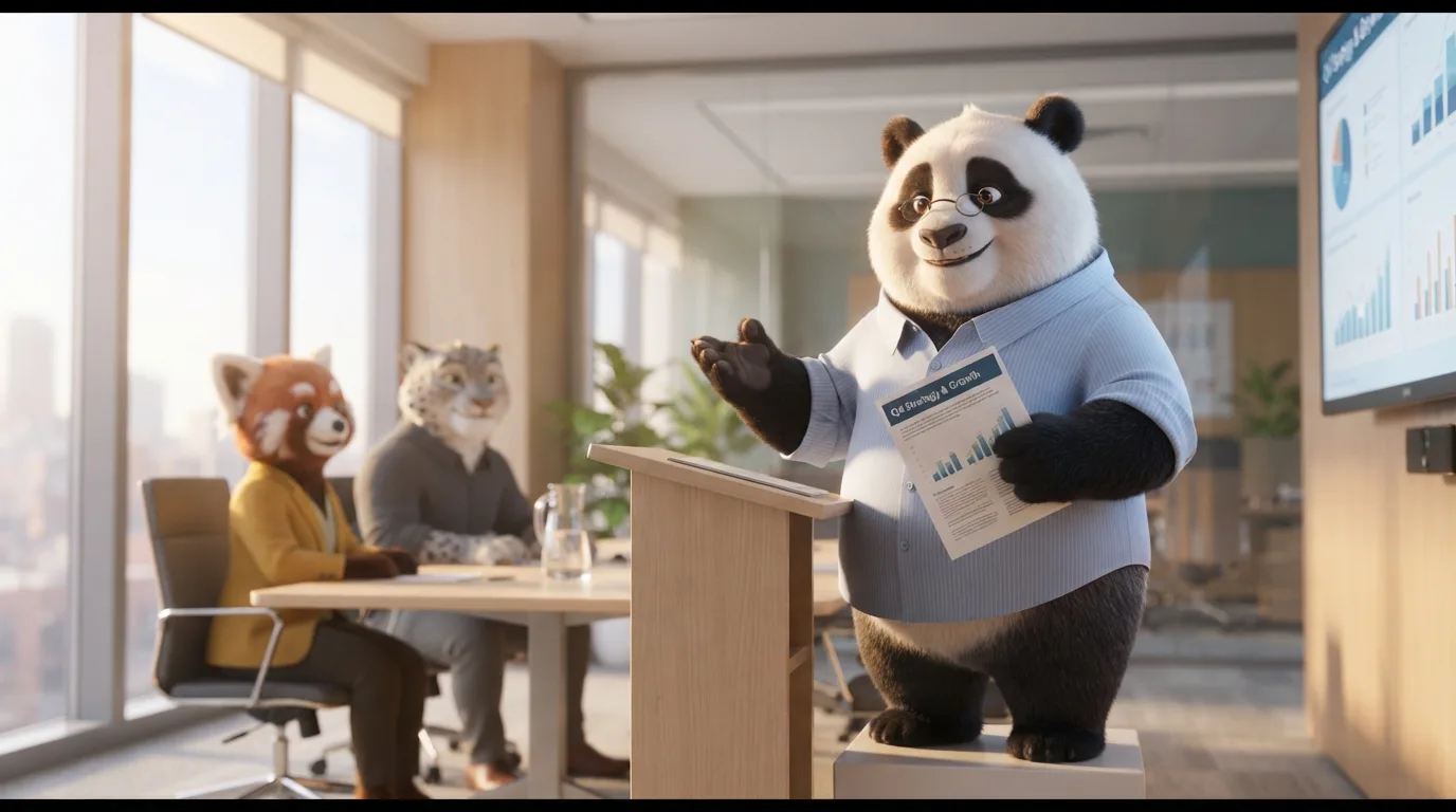 Panda presentando su trabajo con postura segura y sin restarle importancia, representando el amor propio laboral.
