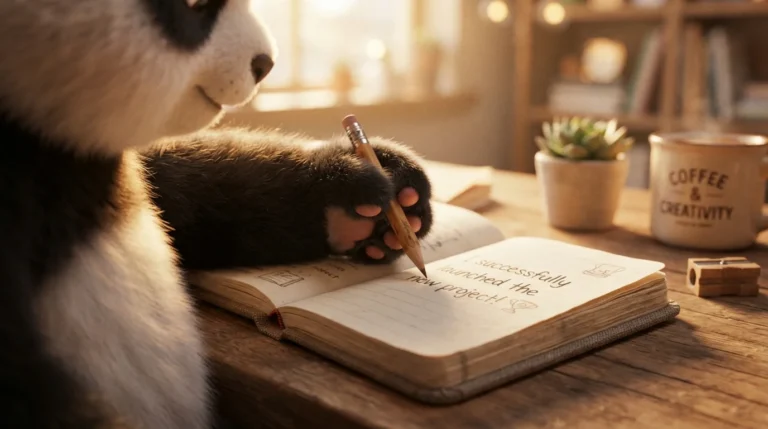 Primer plano de una pata de panda escribiendo un logro laboral con precisión, simbolizando el registro consciente del propio valor.