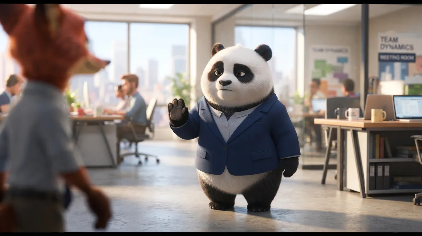 Panda ejecutiva estableciendo un límite claro y respetuoso, representando la disciplina detrás del amor propio laboral.