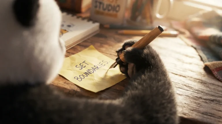 Pata de panda escribiendo una frase de límite claro, representando la disciplina de sostener el propio valor en el trabajo.