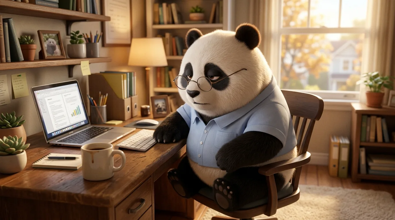 Panda con expresión de cansancio mental frente a la computadora al final de la tarde, representando la fatiga cognitiva acumulada.