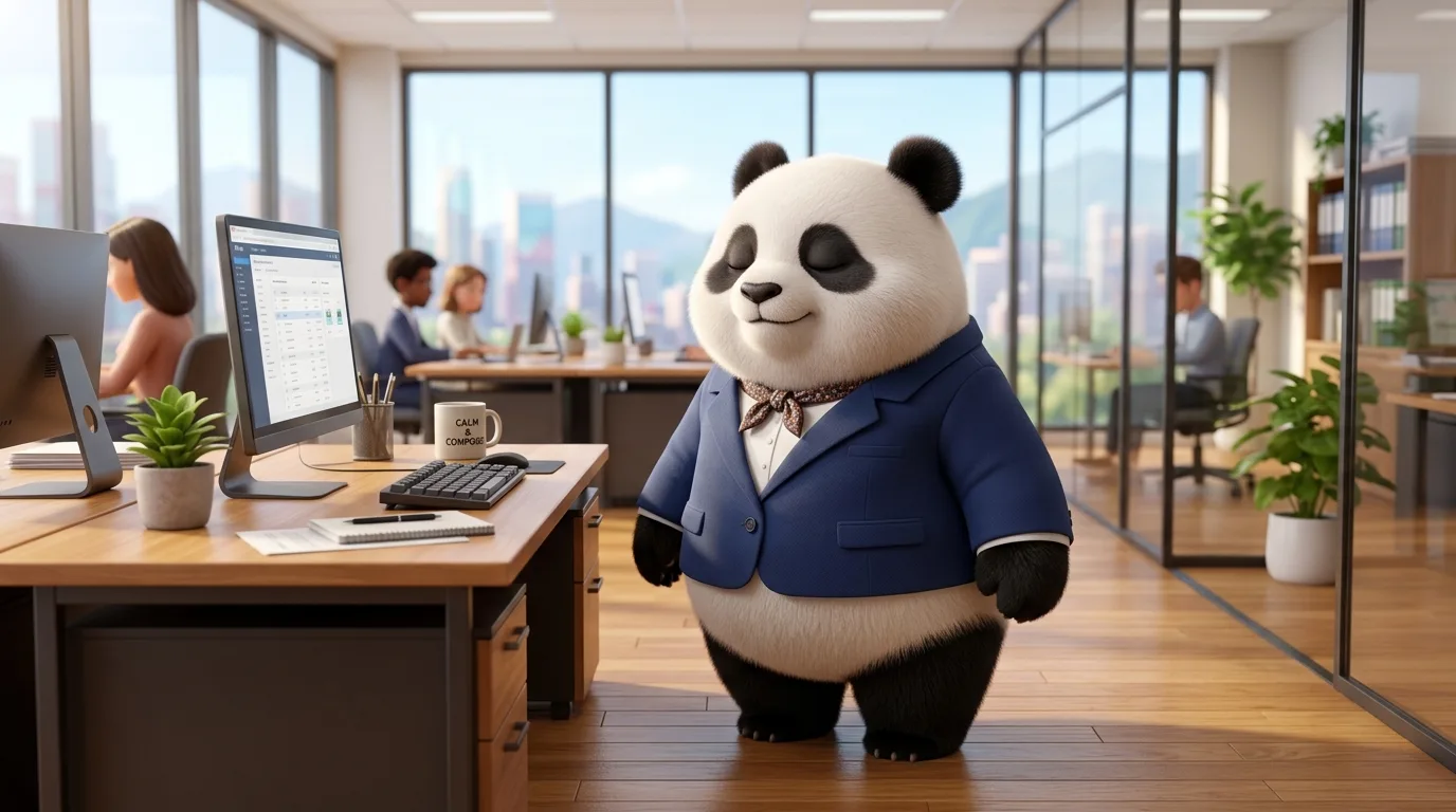 Panda ejecutiva tomando una pausa breve y disciplinada durante su jornada, representando la gestión estructurada de la energía mental.
