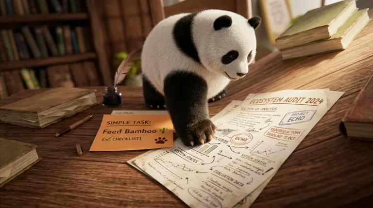 Pata de panda alternando entre una tarea compleja y una simple, representando la disciplina de estructurar el esfuerzo mental durante el día.