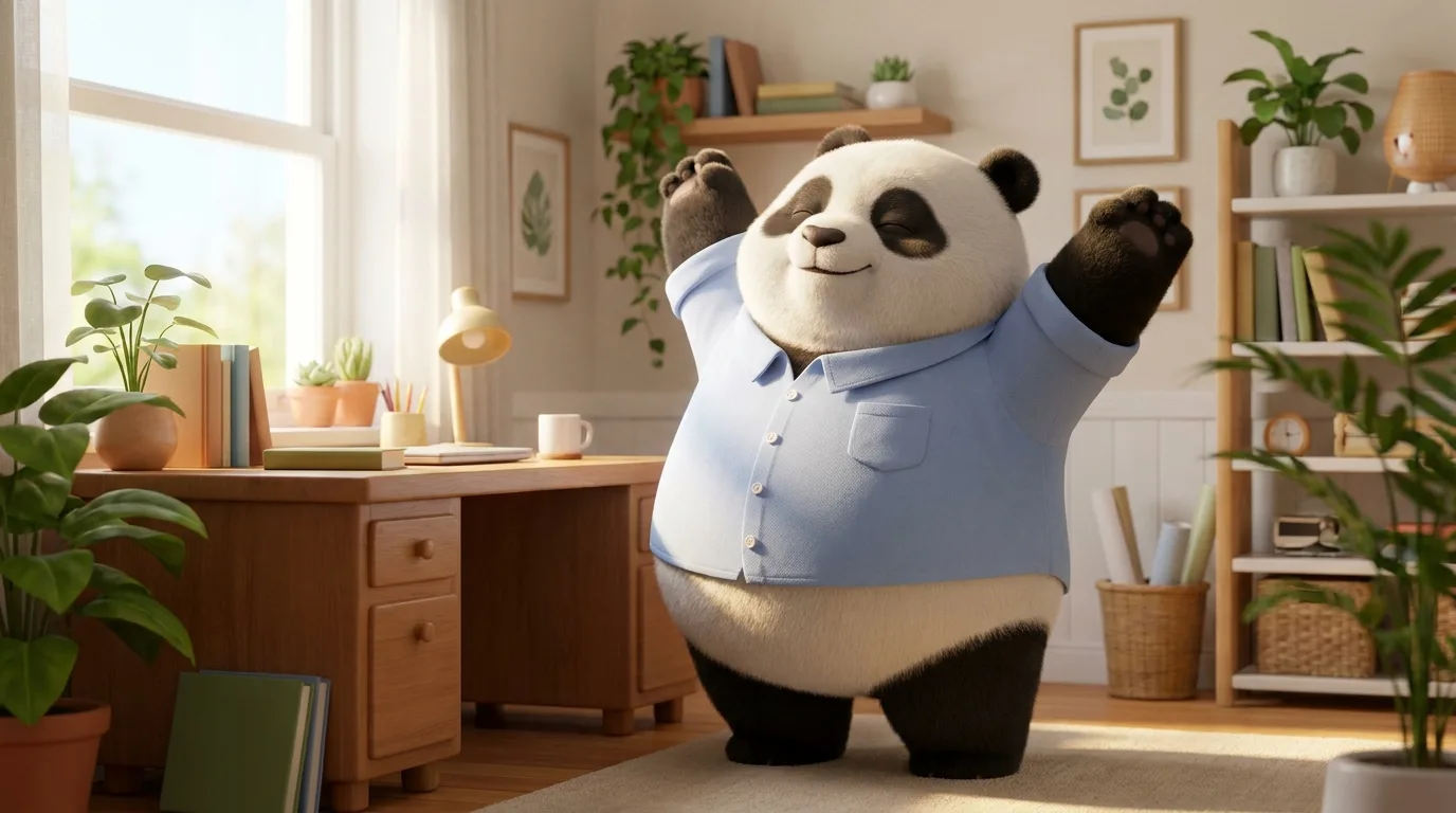 Panda estirando los brazos junto a su escritorio, representando un microejercicio breve durante la jornada laboral.