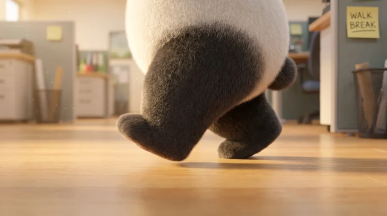 Primer plano de las patas de un panda caminando brevemente en la oficina, representando la pausa activa entre tareas laborales.