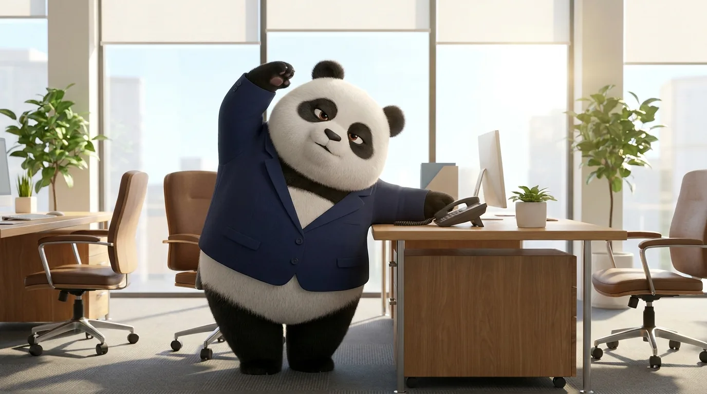 Panda ejecutiva estirando el cuello justo después de una llamada, representando la disciplina de anclar el microejercicio a una acción cotidiana.