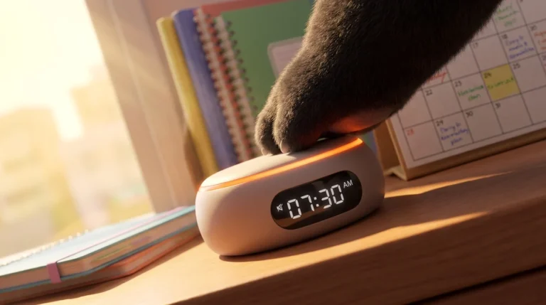 Pata de panda activando una alarma silenciosa en su escritorio, representando la disciplina de estructurar recordatorios para moverse durante el día.
