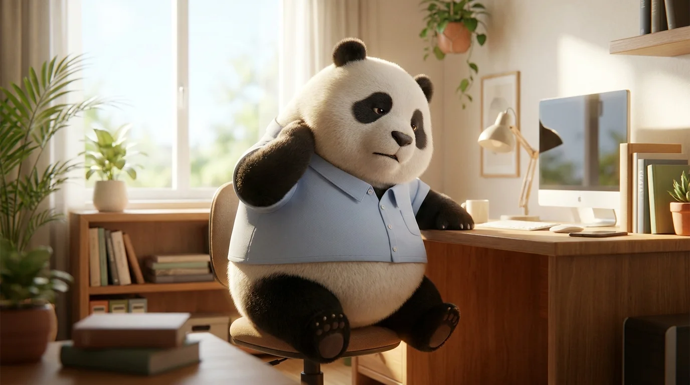 Panda tocándose el cuello con expresión de molestia, representando la tensión física causada por el estrés laboral acumulado