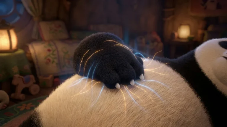 Primer plano de una pata de panda sobre el pecho con líneas suaves de tensión, simbolizando cómo el cuerpo expresa el estrés acumulado