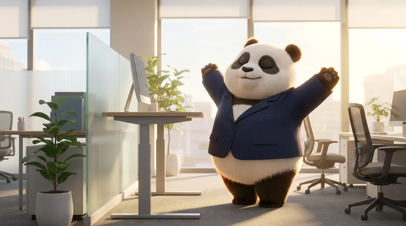 Panda ejecutiva haciendo una pausa activa estirando los brazos, representando la disciplina de atender la tensión física antes de que se acumule.