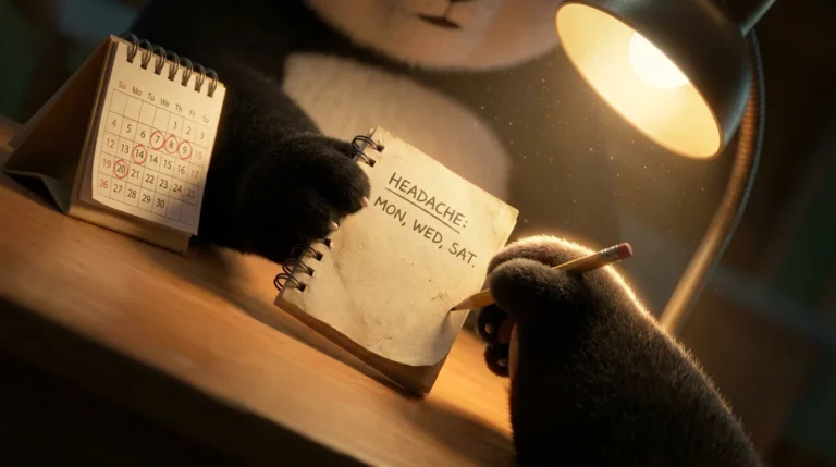 Pata de panda registrando un patrón de dolor en un calendario, representando la disciplina de identificar señales físicas del estrés a tiempo.