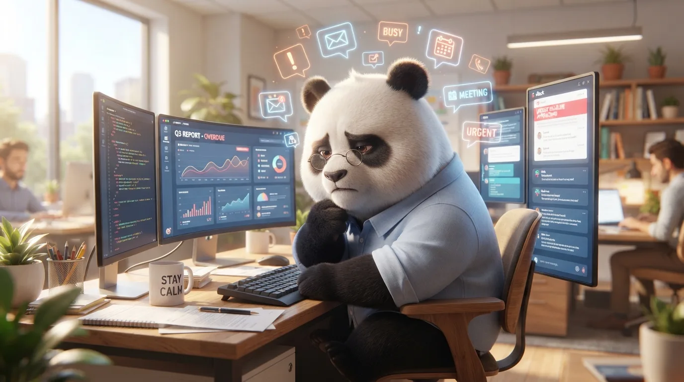 Panda rodeado de múltiples pantallas y notificaciones flotantes, representando el desgaste mental del multitasking laboral.