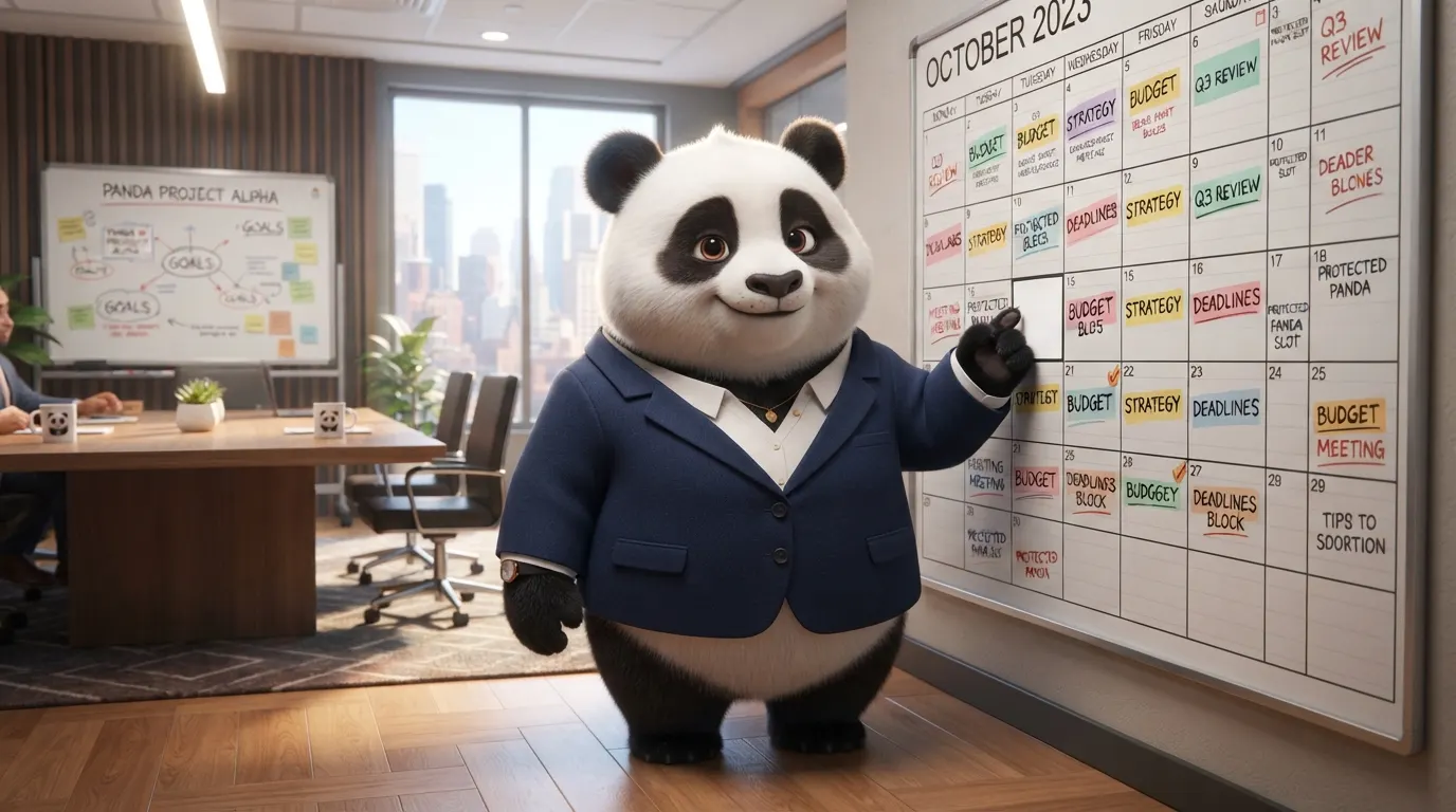 Panda ejecutiva señalando un espacio protegido en una agenda llena de reuniones, representando la disciplina de combatir la reunionitis.