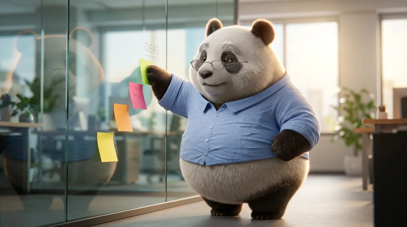 Panda observando cuatro notas ordenadas como escalones en una pared de vidrio, representando la escala de miedos que se viven en el trabajo.