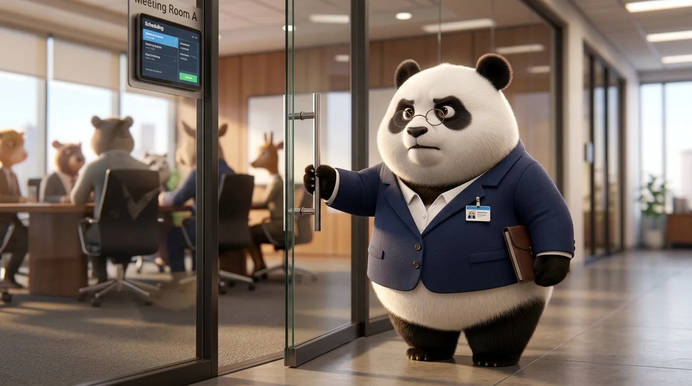 Panda ejecutiva abriendo la puerta de una sala de reuniones con gesto firme, representando la decisión de actuar a pesar del miedo.