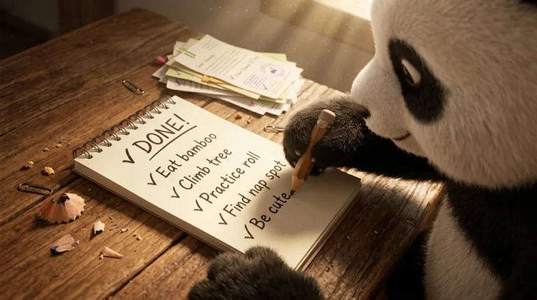 Pata de panda anotando una lista de logros concretos junto a documentos terminados, representando la evidencia real frente al miedo a no ser suficiente.