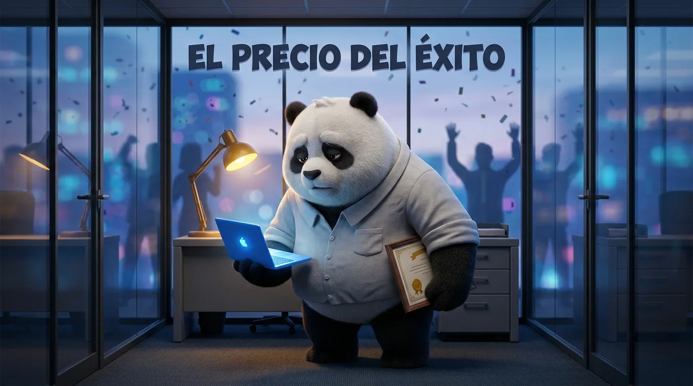 Panda maduro robusto y chaparro sosteniendo una laptop y un premio en una oficina moderna al atardecer, con expresión de cansancio, mientras siluetas humanas celebran al fondo sin advertir su agotamiento, representando el costo psicológico del alto rendimiento.