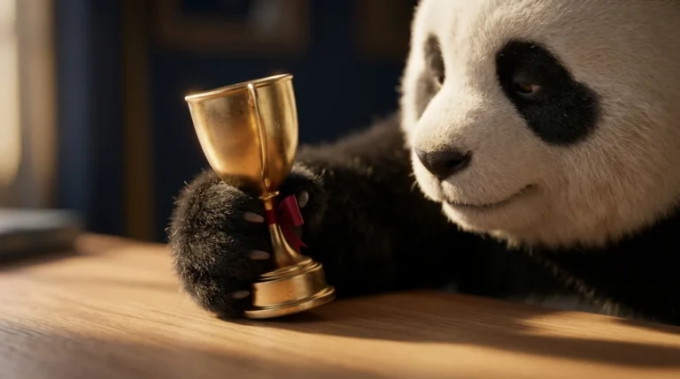 Primer plano en ángulo holandés de la pata de un panda sosteniendo un trofeo dorado agrietado que deja escapar arena oscura sobre un escritorio, simbolizando que el éxito aparente tiene un desgaste interno visible.